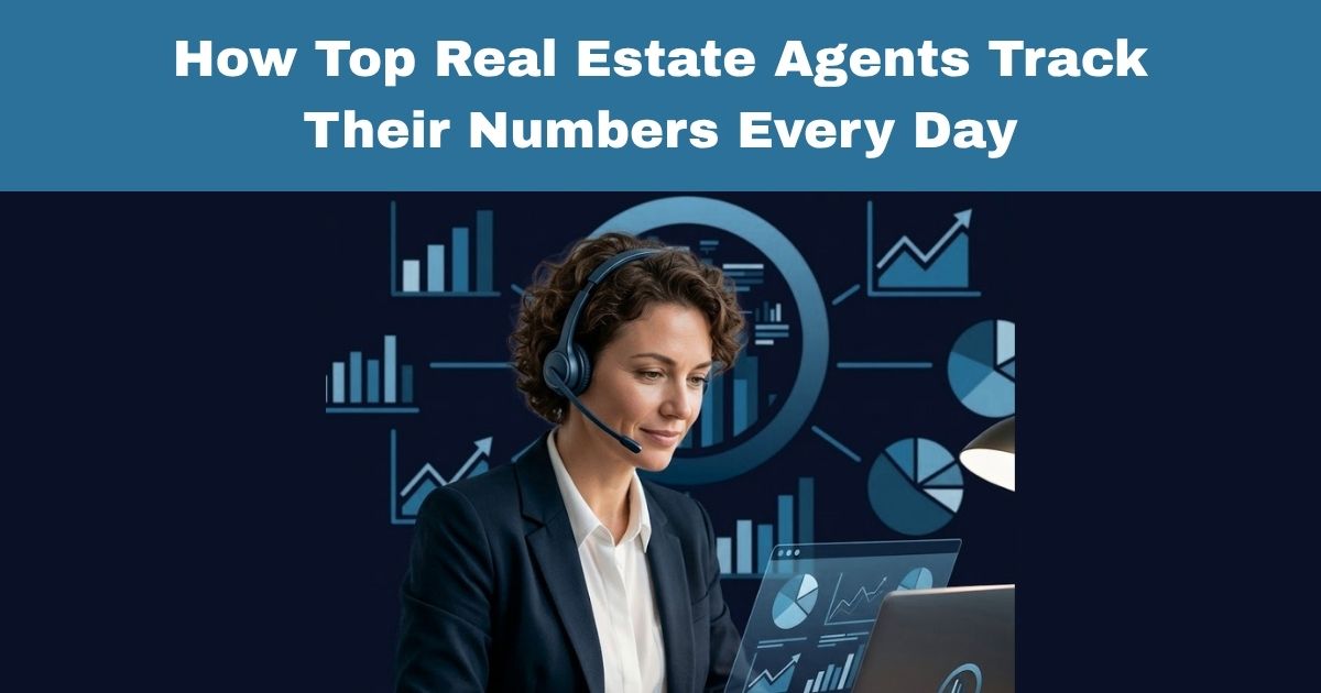 Professional female real estate agent wearing a headset, looking at a laptop with a digital overlay of real estate data charts, bar graphs, and pie charts in a navy and light blue brand color scheme.